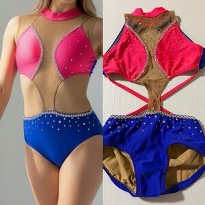 AA dance design solo costume neon pink blue rhinestoned tulip leotard XSA adult